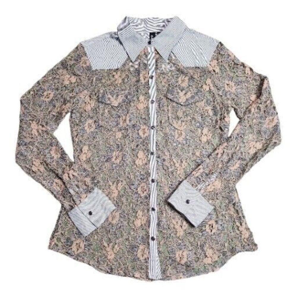 BKE Boutique Long sleeve  Snap Button blouse-Semi sheer-Lacey-multi Color-Large‎
